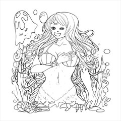 Coloring book page in doodle style. Mermaid lies on the beach. She is surrounded by sea waves. Hand drawn sketch, black and white.