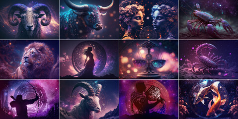 Set of zodiac signs in blue and pink colors. Astrology calendar