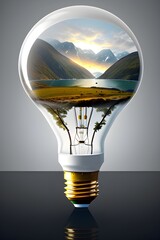 Save the world with your idea. One lightbulb with a fjord landscape inside.