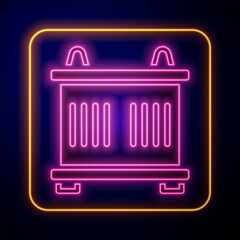 Glowing neon Container icon isolated on black background. Crane lifts a container with cargo. Vector
