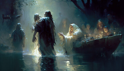 Illustration representing the baptism of jesus - AI generative - obrazy, fototapety, plakaty