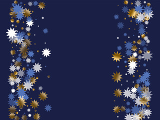 Modern Christmas star holiday ornament graphic design. Gold blue white twinkle confetti.