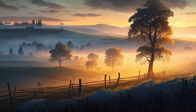  a painting of a sunset over a hilly countryside with a fence and trees in the foreground and a foggy sky in the background.  generative ai