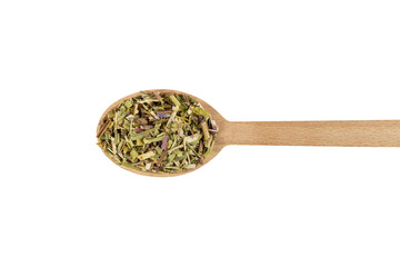 Catnip herb in latin - Nepeta cataria on wooden spoon isolated on white background. Medicinal herb.