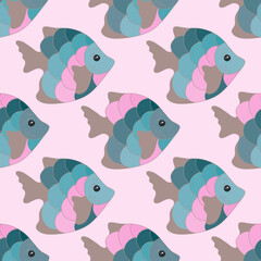 Simple coral reef fish seamless pattern design. Oceanic creatures diving. Baby fashion fabric