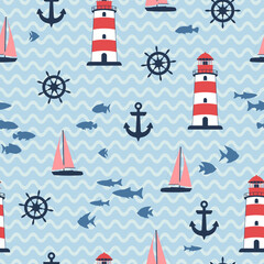Obraz na płótnie Canvas Lighthouse, yacht and fish vector illustration. Beacon on waves seamless pattern.