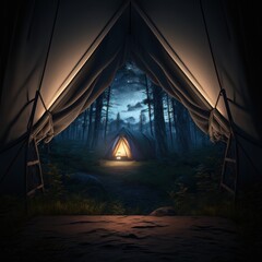 tend, camping, inside tent, looking out, night, sky, moon, landscape, generative by AI
