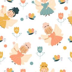 Vector seamless childish pattern with fairy, flowers,rainbow and other elements. Fairy with a magic wand vector illustration. Seamless pattern with cartoon fairy for kids, girl.