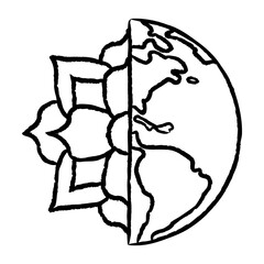 Fototapeta na wymiar World globe with flower symbol, Vector | Lotus flower and Earth Logo | Nature symbol | Balance | Biodynamics