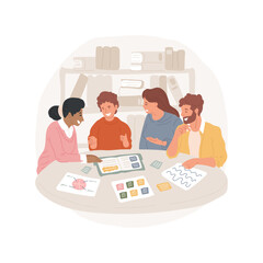Discussion and questions isolated cartoon vector illustration. Parents and teacher ask questions, child leading discussion, student sitting in the middle, socialization skills vector cartoon. - 569313161
