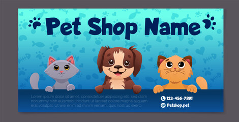Banner template for pet shop, dog grooming and sale promotion. Cute and modern design with dogs, cat and paw print patterns. Vector cartoon illustration for flyers, web pages.