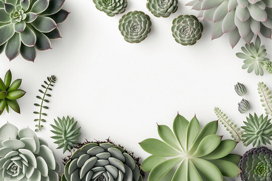minimalist modern wallpaper with succulent plants on a white surface with lots of copyspace for your text - top view / flat lay - generated with AI