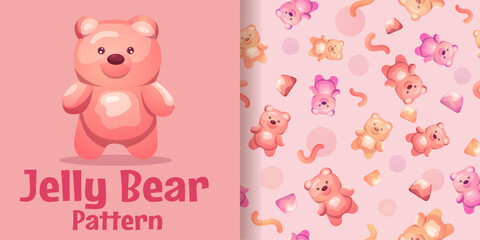 Jelly Bear Seamless Pattern in pink colors for Saint Valentine's day decor.. Wrapping paper with various worms, candies and sweets. Vector illustration