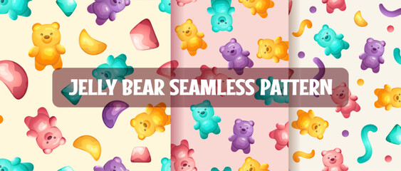 Set of Cute Jelly patterns with colorful bears, worms, candies, fruit marmalade.  Hand drawn trendy vector illustration in cartoon style for wallpaper, wrapping paper or background.