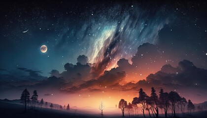 dreamlike gradient sky at night time with nature landscape, idea for background wallpaper, Generative Ai 