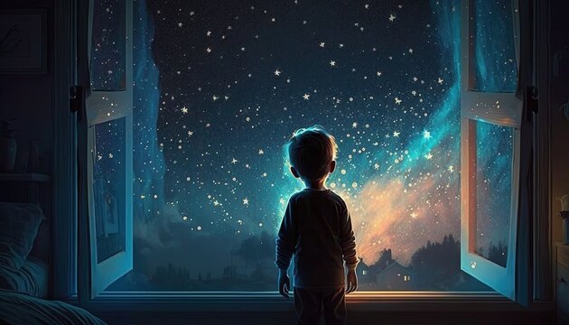 illustration of a boy looking at night starry sky with glitter glow galaxy flicker above, idea for prayer of hope, love, peace theme, Generative Ai
