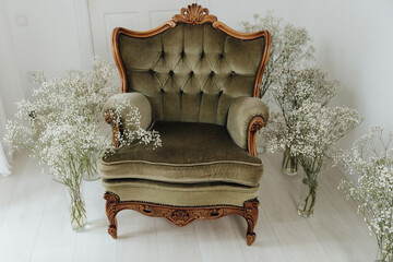 antique green royal chair in a modern interior
