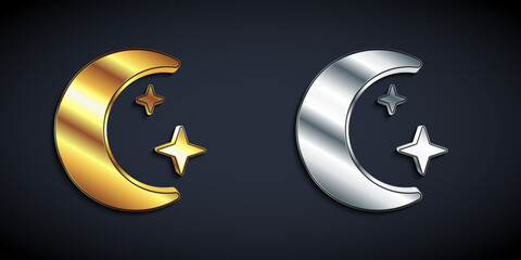 Gold and silver Moon and stars icon isolated on black background. Cloudy night sign. Sleep dreams symbol. Full moon. Night or bed time sign. Long shadow style. Vector