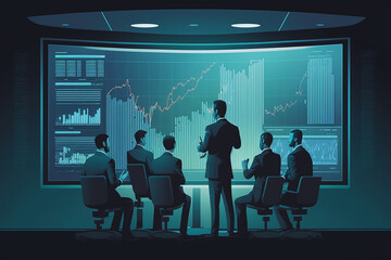 Group financial business meeting in front of virtual screen with forex or stock market chart concept vector illustration