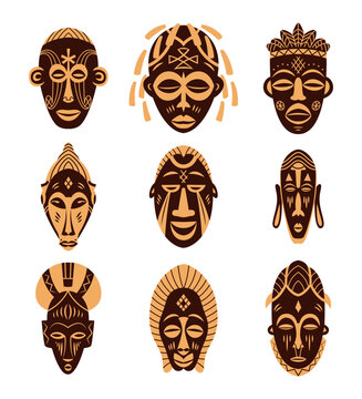 Set of African ethnic tribal ritual masks isolated on white background. Ritual symbols. Two colours. Vector illustration