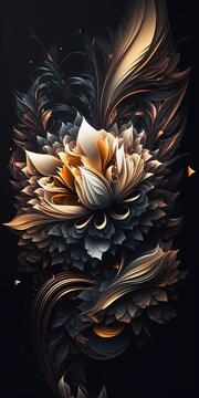 Flower background high resolutions golden colored, with orange and red gradients isolated in dark, generative ai
