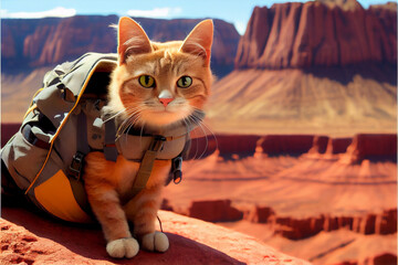 Tourist cat. A cat with a backpack sits on top of a mountain against the backdrop of other mountains.