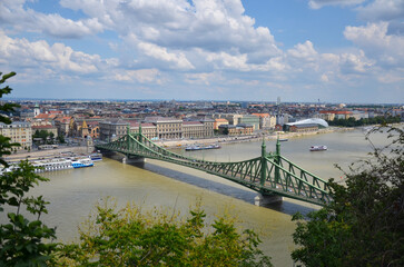 Fototapeta premium Szabadság híd (Liberty Bridge or Freedom Bridge) in Budapest, connects Buda and Pest across the River Danube