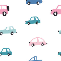 Seamless childish pattern with hand drawn cartoon cars. Creative kids texture for fabric, wrapping, textile, wallpaper, apparel. Vector illustration