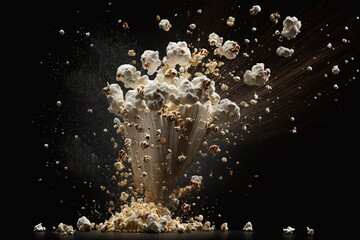 Naklejka na ściany i meble a bunch of popcorn falling into the air with a black background and a splash of popcorn on the floor and on the ground, with a black background. generative ai