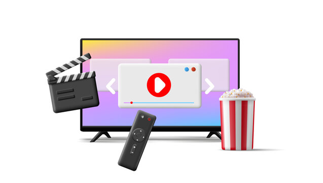 Watching a movie on TV at home, relaxing. Video content collection service. Playlist, popcorn, control panel. Modern illustration for advertising materials.