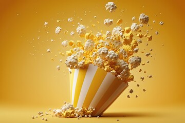  a yellow and white striped popcorn bucket with popcorn spilling out of it on a yellow background with a drop of popcorn falling out of it.  generative ai - obrazy, fototapety, plakaty
