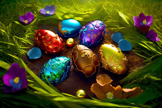 shiny easter egg overly decorated, painted in vivid metallic colors with flowers and golden details on grass. top shot. 