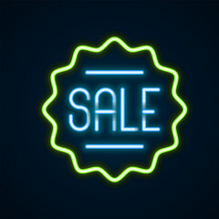 Glowing neon line Price tag with an inscription Sale icon isolated on black background. Badge for price. Promo tag discount. Colorful outline concept. Vector