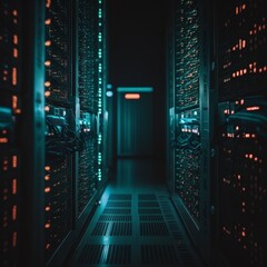 A server room, filled with computer monitors displaying complex algorithms and data streams.