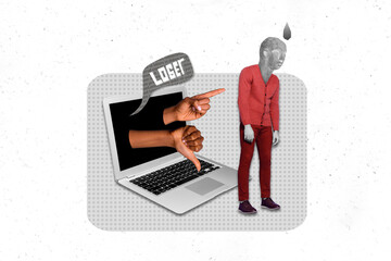 Creative collage photo of young upset student man internet cyberbullying loser society pressure...