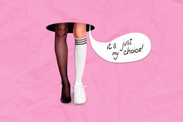 Creative photo collage of bodyless open minded woman express yourself legs stockings heel sneakers isolated on pink color background