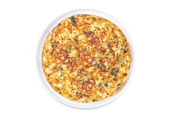 Cabbage omelet with cilantro leaves in a plate on a white isolated background