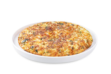 Cabbage omelet with cilantro leaves in a plate on a white isolated background