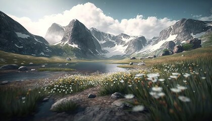 Obraz premium a painting of a mountain lake surrounded by wildflowers and grass with a cloudy sky in the background with a few clouds in the sky. generative ai