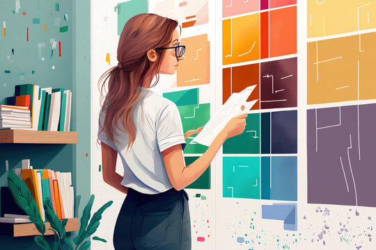 A happy lady in casual clothing, perhaps an interior designer or an architect, looks away while writing in a notebook and working on a new creative project while standing next to a board with color sa