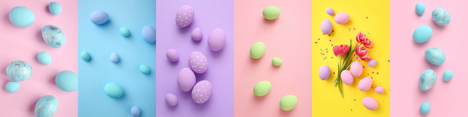 Collage with many beautiful Easter eggs on color background, top view