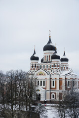 Fototapeta na wymiar Tallinn in winter snow on Alexander Nevsky Cathedral
