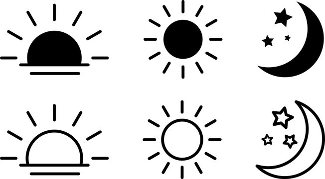 Collection of time of the day icons. Rising and setting sun, crescent moon and stars, day and night time symbols. PNG image
