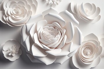 Paper cut style white Roses with soft white background, generative AI Art
