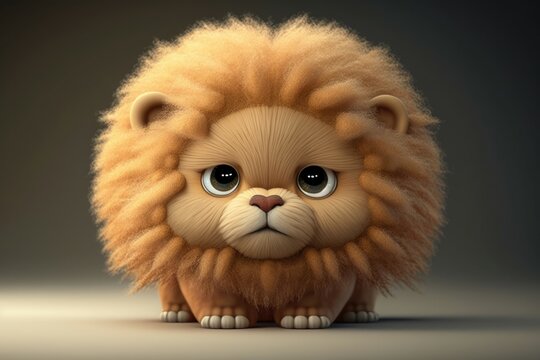 3D Cute little lion kawaii character. Fluffy realistic cub with big eyes. Generative AI