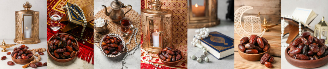 Collage of tasty dates with Quran book, fanous lamp, tea and tasbih