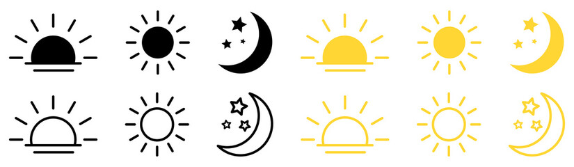 Set of time of the day icons. Sunset, sun, moon icons. Vector illustration