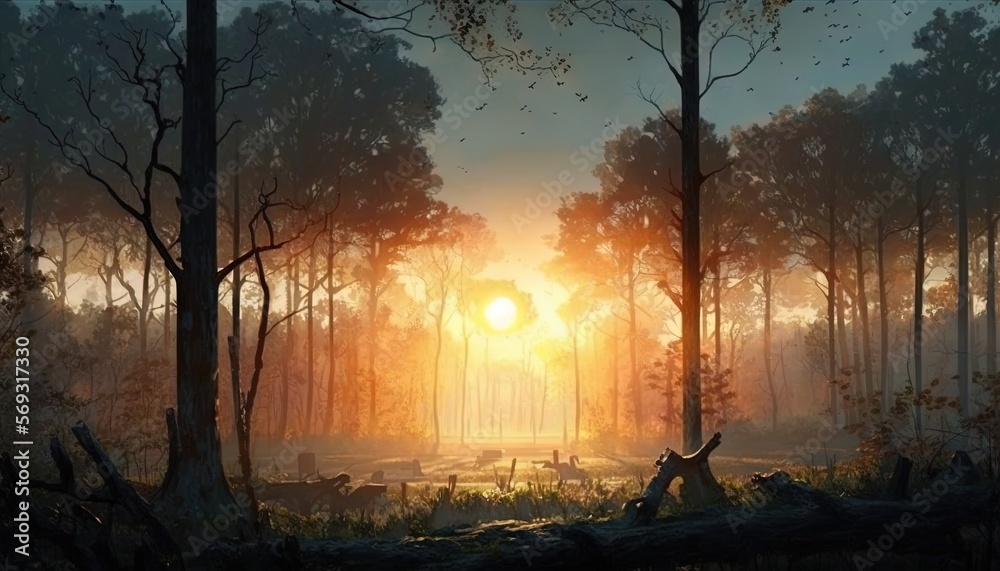 Sticker  a painting of the sun setting in a forest with trees and fallen logs in the foreground and a person sitting on a log in the foreground.  generative ai