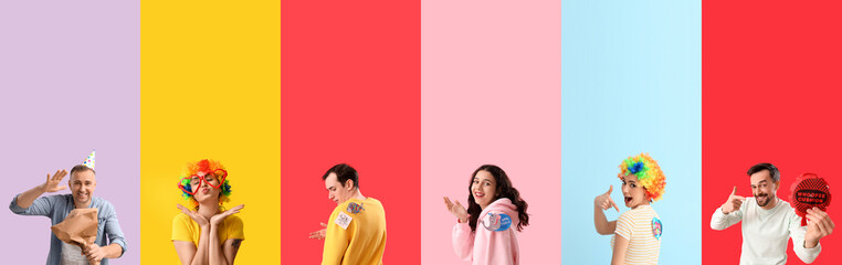 Set of funny people on color background. April Fools' Day