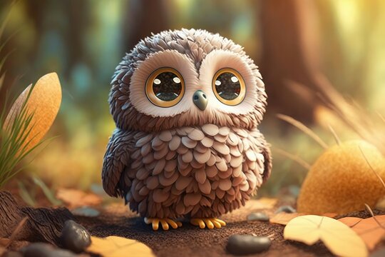 3D Cute little owl kawaii character. Feathered realistic owlet with big eyes. Generative AI